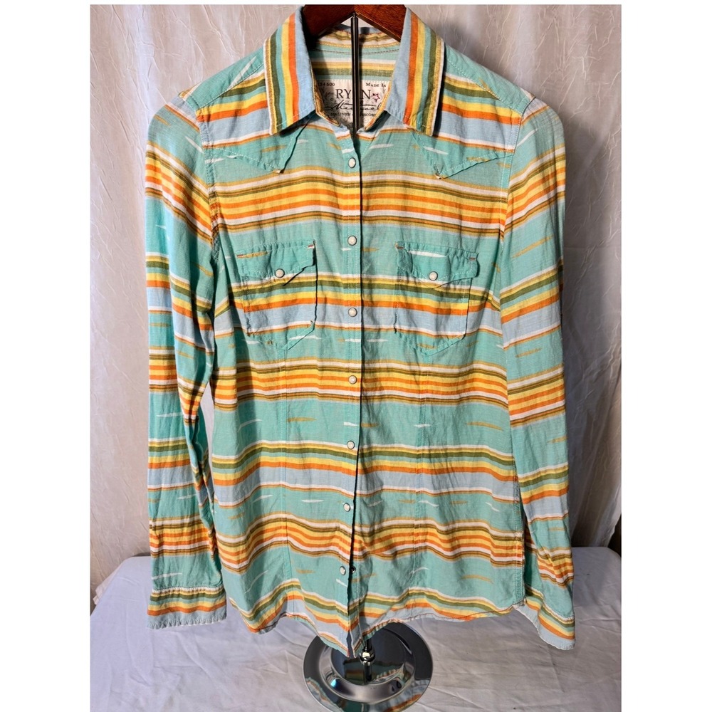 Ryan Michael Western Snap Shirt Womens M Teal Orange Stripe Linen‎ Blend